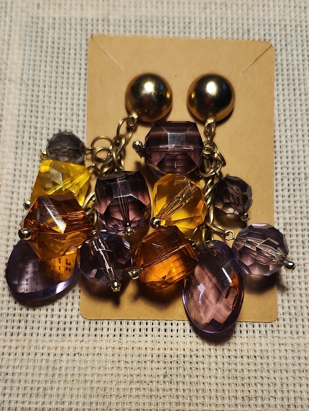 Vintage 1980s Style Amber & Purple Lucite Bead Cluster Dangle Earrings Gold Tone